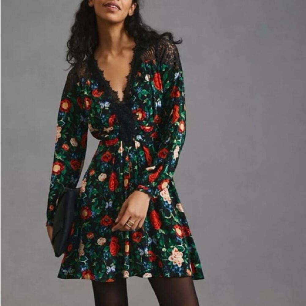 Anthropologie Lacy V-neck Lacy Floral Print Long Sleeve Mini Dress Size 10 - Picture 1 of 7
